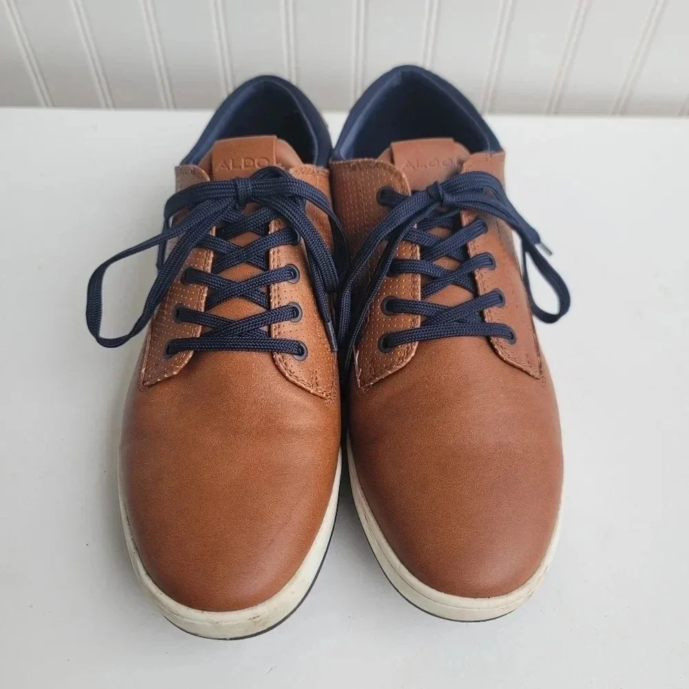 Aldo Flex Men's Size 10 Brown Tan Navy Leather Dress Shoes Rubber Sole Lace Up